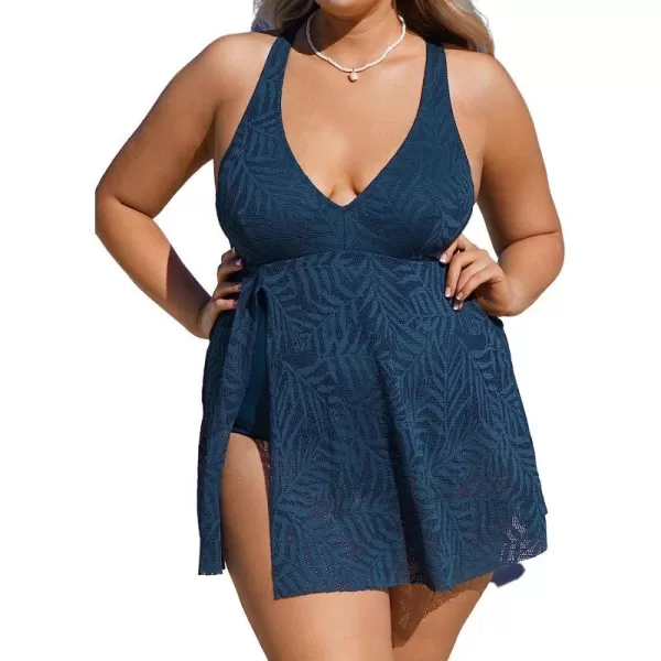 imageCUPSHE Women Plus Size Bathing Suit One Piece Swimsuits Cross Back Mesh Hollow Out Split Swim Dress Leaf TextureNavy