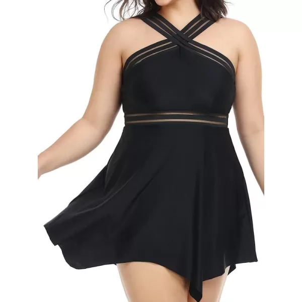 imageCUPSHE Women Plus Size Bathing Suit Two Piece Tankini Swimsuits Crossover Striped Bands Flowy Swim Dress with BottomsBlack