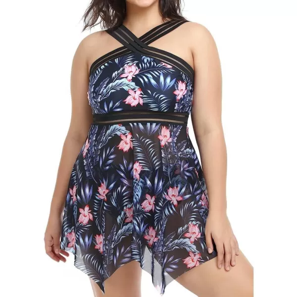 imageCUPSHE Women Plus Size Bathing Suit Two Piece Tankini Swimsuits Crossover Striped Bands Flowy Swim Dress with BottomsPink Floral Print