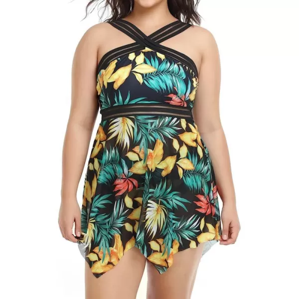 imageCUPSHE Women Plus Size Bathing Suit Two Piece Tankini Swimsuits Crossover Striped Bands Flowy Swim Dress with BottomsYellow Leaf Print