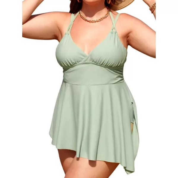 imageCUPSHE Women Plus Size Bathing Suit Two Piece Tankini Swimsuits Halter Dual Straps Flowy Swim Dress with BottomsMint Green