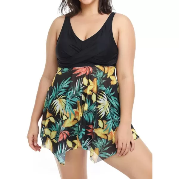 imageCUPSHE Women Plus Size Bathing Suit Two Piece Tankini Swimsuits V Neck Adjustable Strap Swim Dress with BoyshortsBlack and Tropical Print