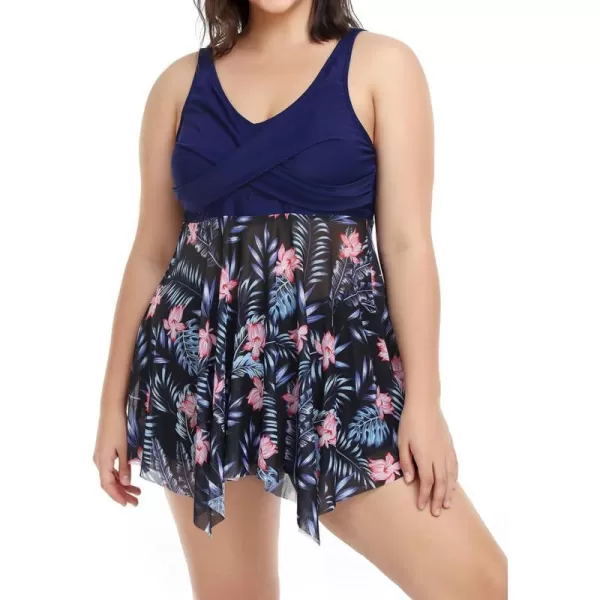 imageCUPSHE Women Plus Size Bathing Suit Two Piece Tankini Swimsuits V Neck Adjustable Strap Swim Dress with BoyshortsNavy and Tropical Print