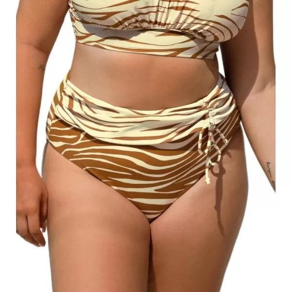 imageCUPSHE Women Plus Size Bikini Bottom Drawstring Ruched Bathing Suit High Waisted Swimsuit BottomsYelllow and Brown