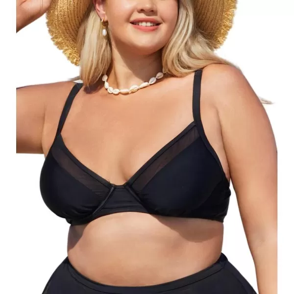 imageCUPSHE Women Plus Size Bikini Top Mesh Bathing Suit V Neck Underwire Swimsuit Top with Back HookBlack