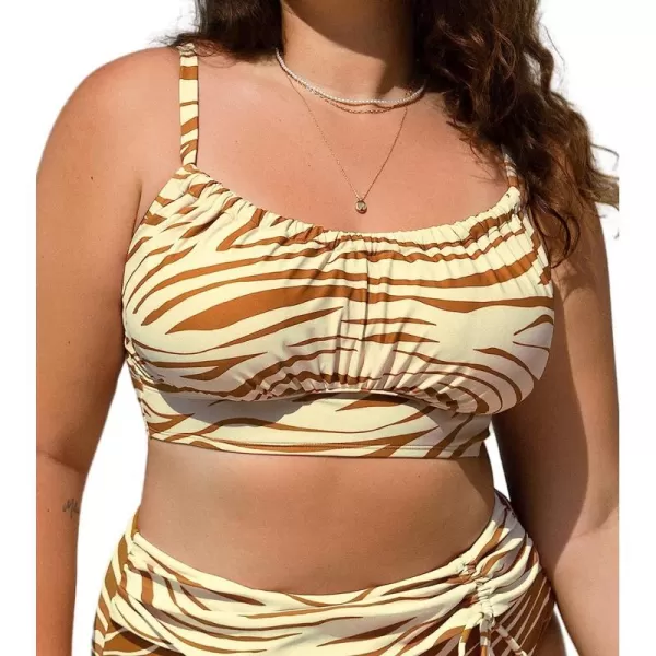 imageCUPSHE Women Plus Size Bikini Top Scoop Neck Bathing Suit Adjustable Straps Swimsuit Top Zebra PrintYelllow and Brown