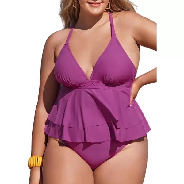 imageCUPSHE Women Plus Size Bikini Top V Neck Swimsuit Crisscross Back Tie Tiered Flounce HemRose Red
