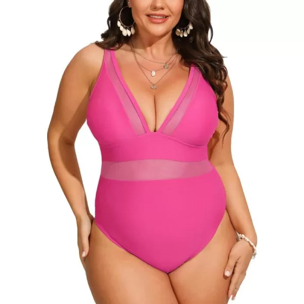 imageCUPSHE Women Plus Size One Piece Swimsuit V Neck Mesh Sheer Tummy Control Bathing Suit with Adjustable Wide StrapsMagenta