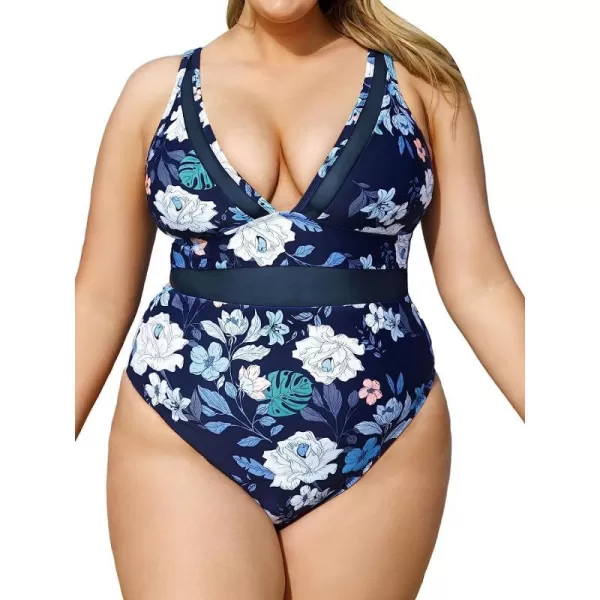 imageCUPSHE Women Plus Size One Piece Swimsuit V Neck Mesh Sheer Tummy Control Bathing Suit with Adjustable Wide StrapsNavy Floral