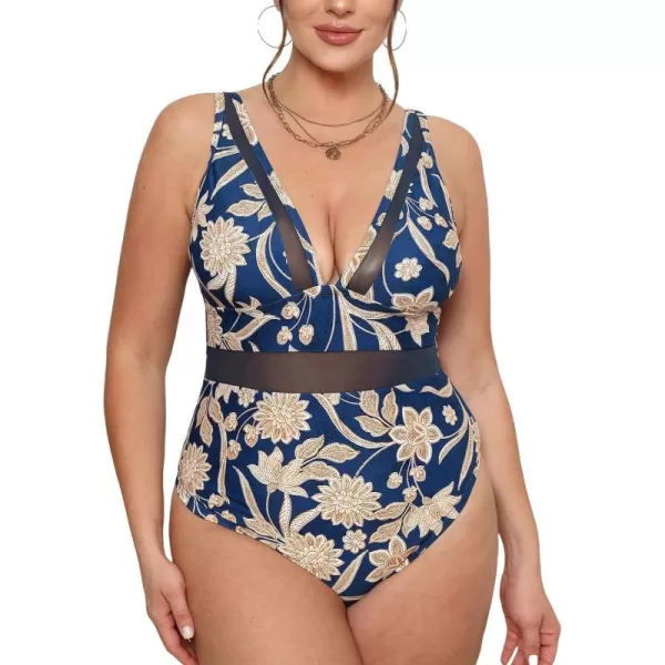 imageCUPSHE Women Plus Size One Piece Swimsuit V Neck Mesh Sheer Tummy Control Bathing Suit with Adjustable Wide StrapsNavy Paisley