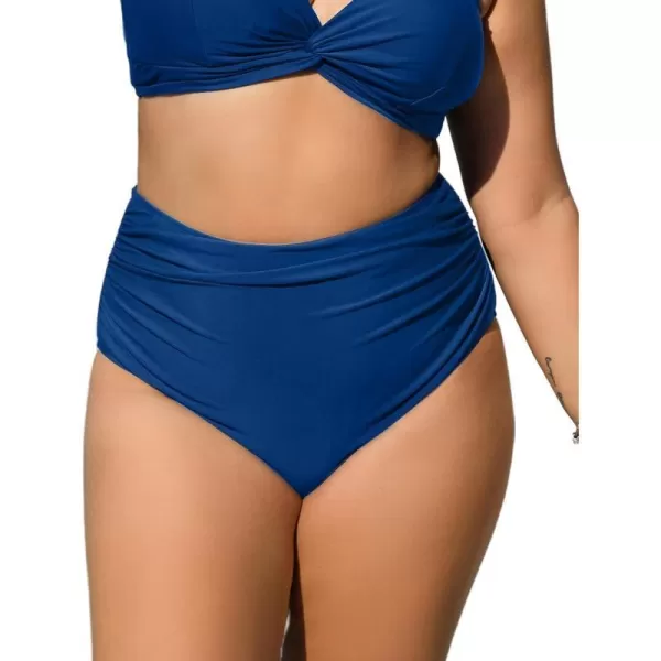 imageCUPSHE Women Plus Size Swimsuit High Waisted Bikini Bottom Ruched Tummy Control Full Coverage Bathing SuitBlue