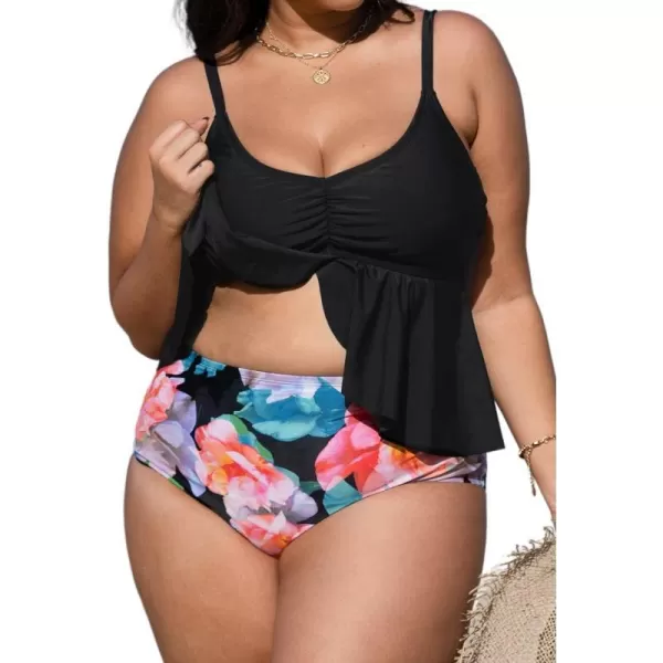 imageCUPSHE Women Plus Size Swimsuit High Waisted Bikini Set Ruffle Hem with Adjustable StrapsBlack and Floral