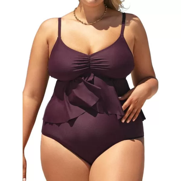 imageCUPSHE Women Plus Size Swimsuit High Waisted Bikini Set Ruffle Hem with Adjustable StrapsWine Red