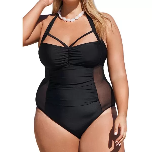 imageCUPSHE Women Plus Size Swimsuit One Piece Bathing Suit Cutout Mesh Side Halter Back Tie SwimwearBlack
