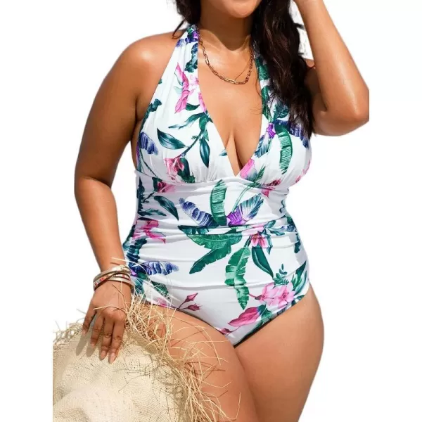 imageCUPSHE Women Plus Size Swimsuit One Piece Bathing Suit V Neck Halter Ruched Tropical BacklessWhiteFloral