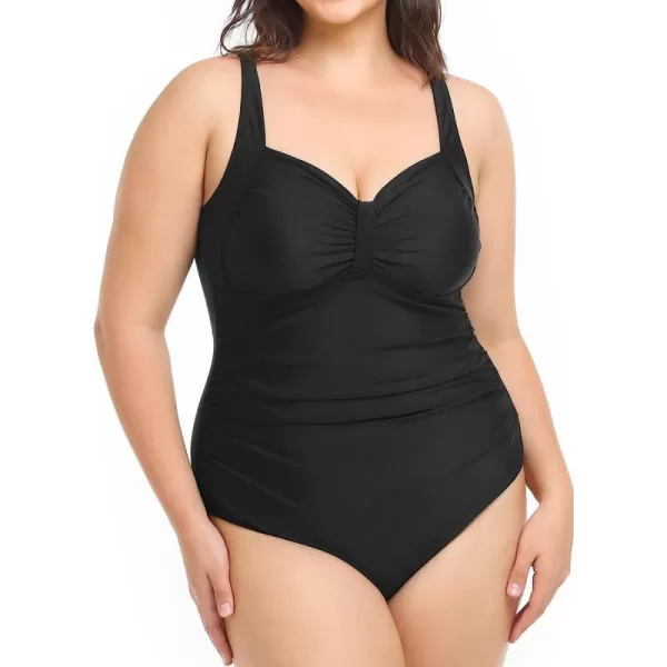 imageCUPSHE Women Plus Size Swimsuit One Piece Bathing Suit V Neck Ruched Tummy Control SwimwearBlack