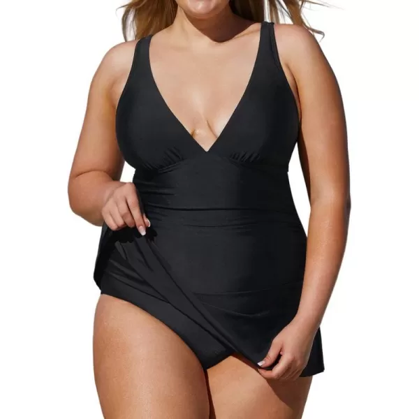 imageCUPSHE Women Plus Size Swimsuit One Piece Bathing Suits Ruched Tummy Control Skirted Swim Dress with BottomBlack
