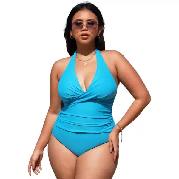 imageCUPSHE Women Plus Size Swimsuit One Piece Swimsuits Tummy Control Ruching Deep V Neck Halter Low Back Bathing SuitsDeep Sky Blue