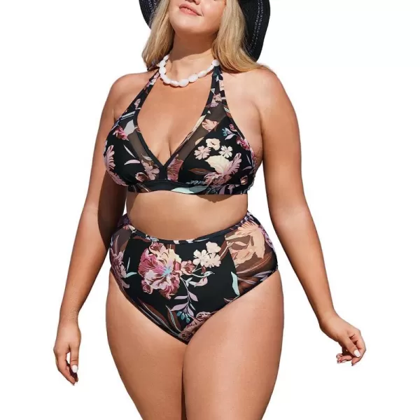 imageCUPSHE Women Plus Size Swimsuit Two Piece Bathing Suit High Waisted Floral Halter Bikinis with Back HookBlack Tropical Print