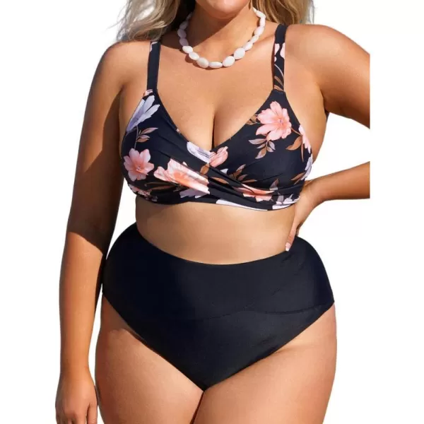 imageCUPSHE Women Plus Size Swimsuit Two Piece Bathing Suit High Waisted Floral V Neck Bikinis with Back HookBlack and Floral