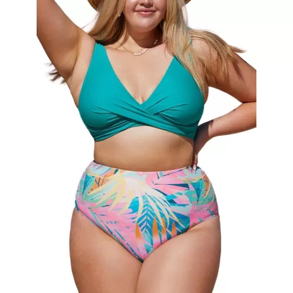 imageCUPSHE Women Plus Size Swimsuit Two Piece Bathing Suit V Neck Laceup High Waisted BikiniTeal and Floral