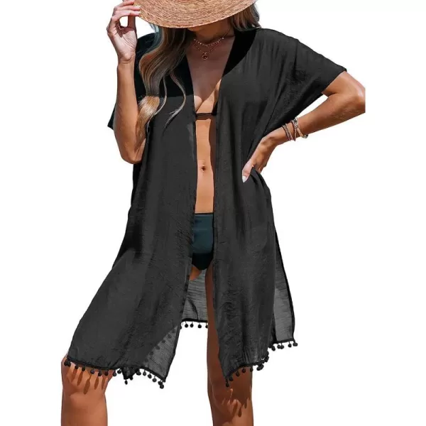 imageCUPSHE Women Pom Pom CoverUp Kimono Open Front Cover Up Dress Casual Summer Dropped Short Sleeves Cover Up BlackCUPSHE Women Pom Pom CoverUp Kimono Open Front Cover Up Dress Casual Summer Dropped Short Sleeves Cover Up Black
