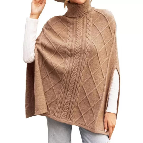 imageCUPSHE Women Poncho Cable Knit Turtleneck Ribbed Trim Half Sleeves SweaterKhaki