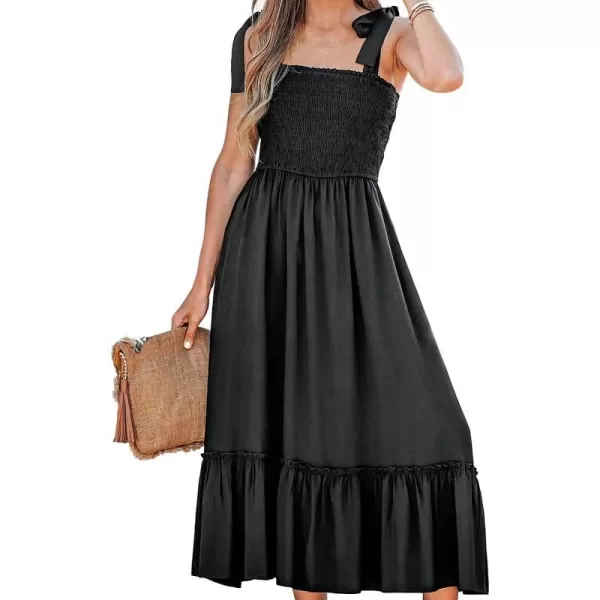 imageCUPSHE Women Pretty Smocked Cami Dress Adjustable Straps Summer Maxi DressesBlack