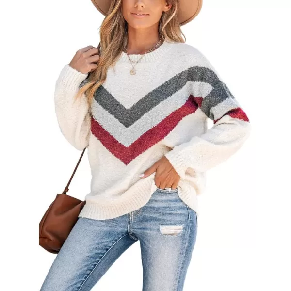 imageCUPSHE Women Pullover Sweater Crew Neck Ribbed Long Sleeves Chevron Striped Fuzzy Jumper TopsWhite
