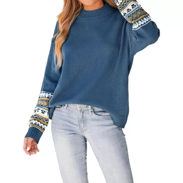 imageCUPSHE Women Pullover Sweater Mock Neck Fair Isle Trim Ribbed Long Sleeves Jumper TopsBlue