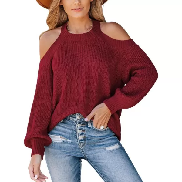 imageCUPSHE Women Pullover Sweater Open Shoulder Choker Sexy Back Long Sleeves Loose Chunky Knit TopsCrimson