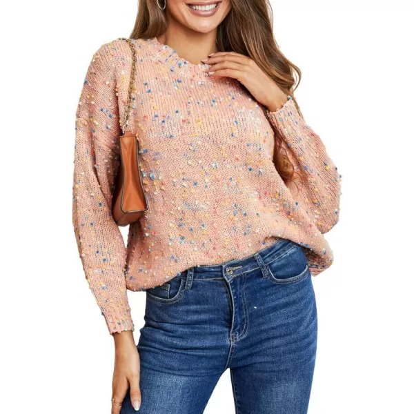 imageCUPSHE Women Pullover Sweater Rainbow Pom Ribbed Long Sleeves Colorful Jumper TopsPink