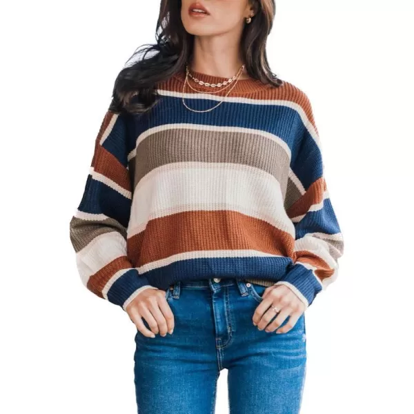imageCUPSHE Women Pullover Sweater Striped Round Neck Dropped Long Sleeves Jumper TopsBrown Stripe
