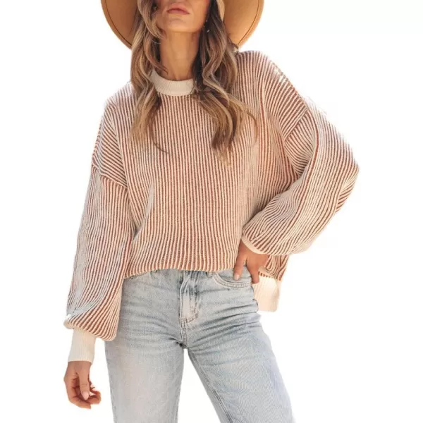 imageCUPSHE Women Pullover Sweater Striped Round Neck Ribbed Long Sleeves Blouse TopsOrange