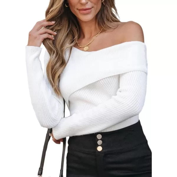 imageCUPSHE Women Pullover Sweaters OneShoulder Rib Wrap Long Sleeves Fitted Jumper TopsWhite