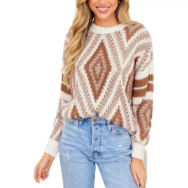 imageCUPSHE Women Round Neck Sweater Knit Geometric Patterned Casual Tops Long Sleeves SweatersBrown