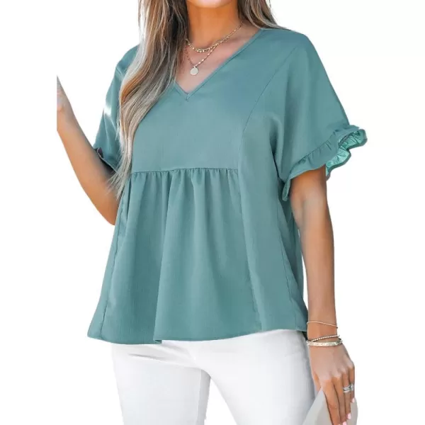 imageCUPSHE Women Ruffled VNeck Babydoll Top Summer Short Sleeve Shirred Waist TopsGreen