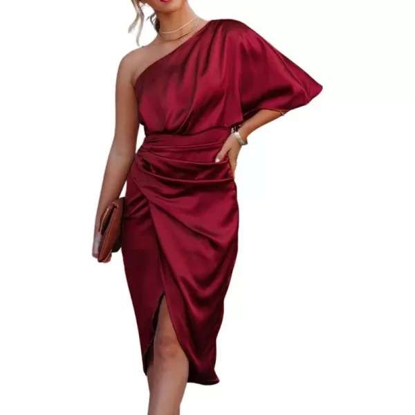 imageCUPSHE Women Satin Dress Backless One Shoulder Flared Short Sleeves Midi High Low Hem Cocktail Party Dress ZipperRed