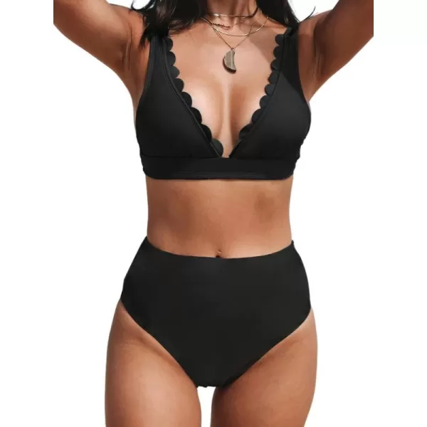 imageCUPSHE Women Scalloped V Neck Bikini Swimsuit High Waist Floral Ruched Two Piece Bathing SuitBlack