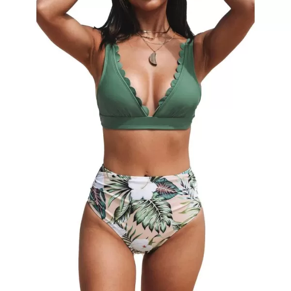 imageCUPSHE Women Scalloped V Neck Bikini Swimsuit High Waist Floral Ruched Two Piece Bathing SuitGreen