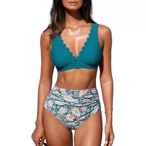 imageCUPSHE Women Scalloped V Neck Bikini Swimsuit High Waist Floral Ruched Two Piece Bathing SuitTeal Blue Paisley