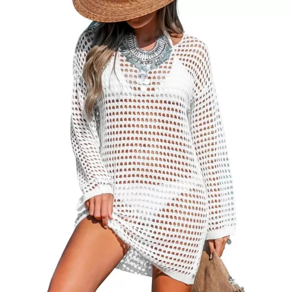 imageCUPSHE Women Scoop Neck Crochet Knit Swim CoverUp Long Sleeves Cover Ups DressWhite