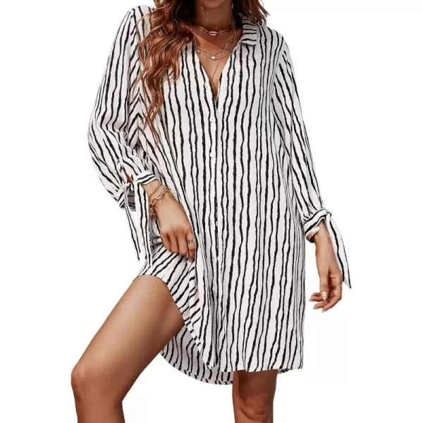 imageCUPSHE Women Shirt Beach Dress Midi 34 Sleeve Botton Down Loose Waisted Stripe Pattern Dress WhiteWhite