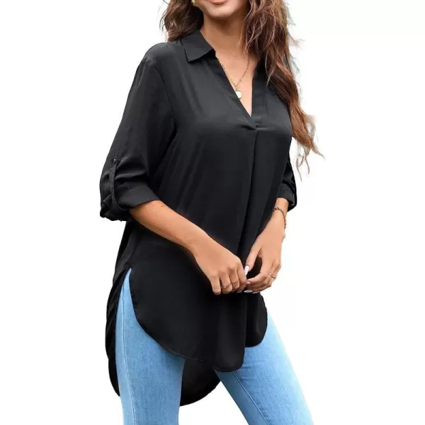 imageCUPSHE Women Shirt Tops Collar Shirt 34 Long Sleeve Pull Over High Low Hem Tops for Women Solid SexyBlack