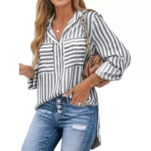 imageCUPSHE Women Shirts Striped Pocket Tops Long Sleeves Rolltabs Button Front BlousesGrey