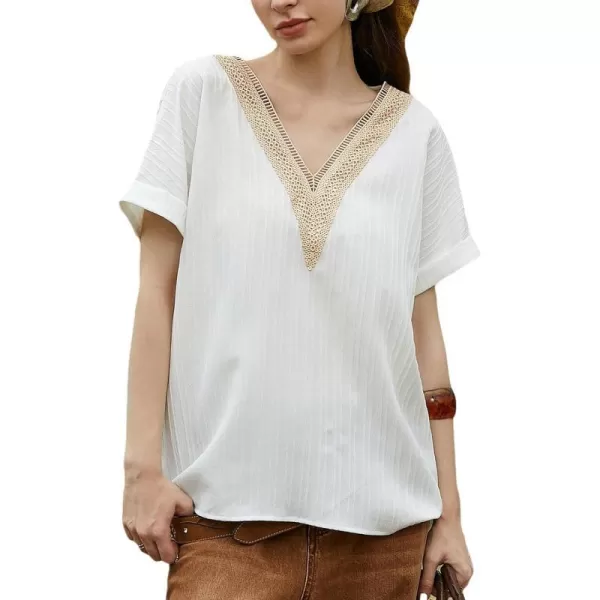 imageCUPSHE Women Short Sleeve Tops Summer Lace Trim V Neck Blouses Fashion Tops Casual ShirtsWhite