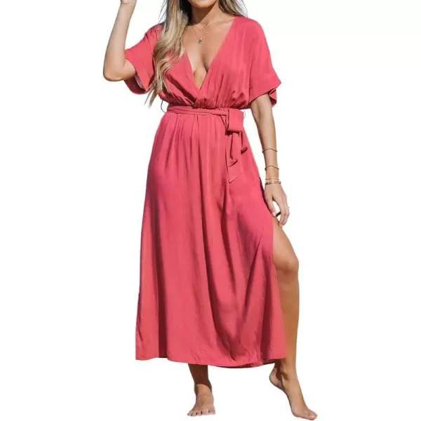 imageCUPSHE Women Short Sleeve Wrap VNeck Side Slit Maxi Dress with Belted Beach Cover Ups DressesPink