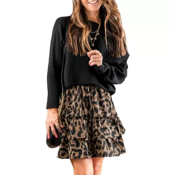 imageCUPSHE Women Skirts Leopard Print Drawstring Ruffled Mini Skirt High Waist Short SkirtsBlack
