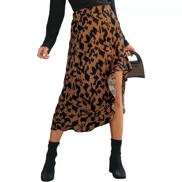 imageCUPSHE Women Skirts Leopard Print Ruffled High Low Skirt High Waist Long SkirtsBrown
