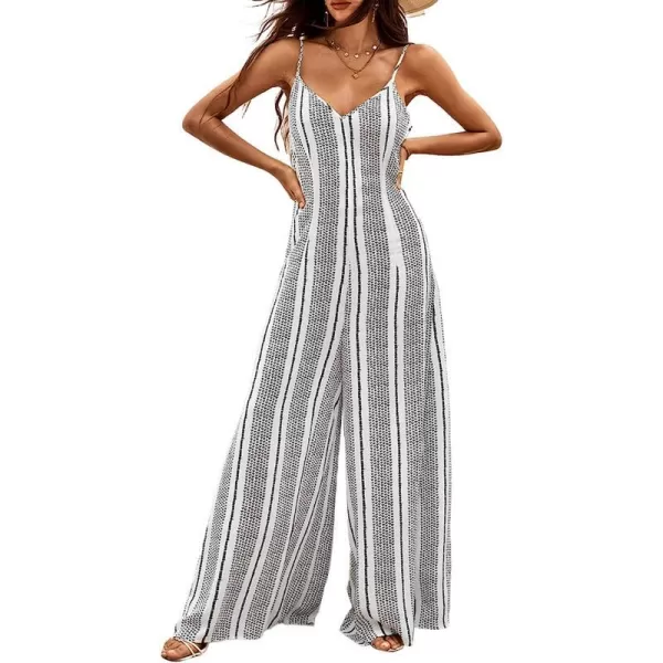 imageCUPSHE Women Slip Flare Jumpsuit Maxi V Neck Spaghetti Straps Belt Stripe Pattern Jumpsuit GreyGrey